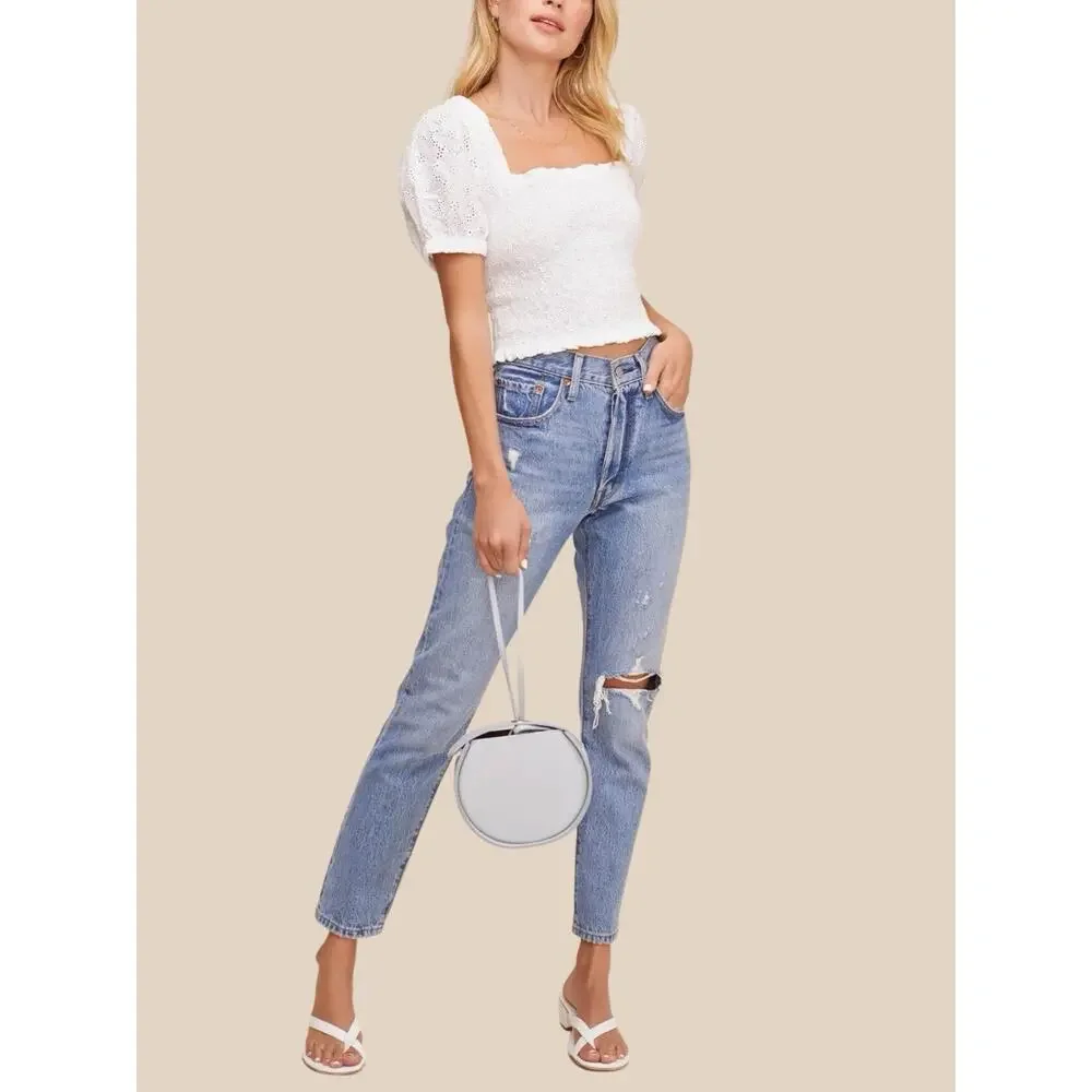 ASTR The Label Women’s Hudson Top White Eyelet Pique Smocked Bodice Size M NWOT - Picture 3 of 12